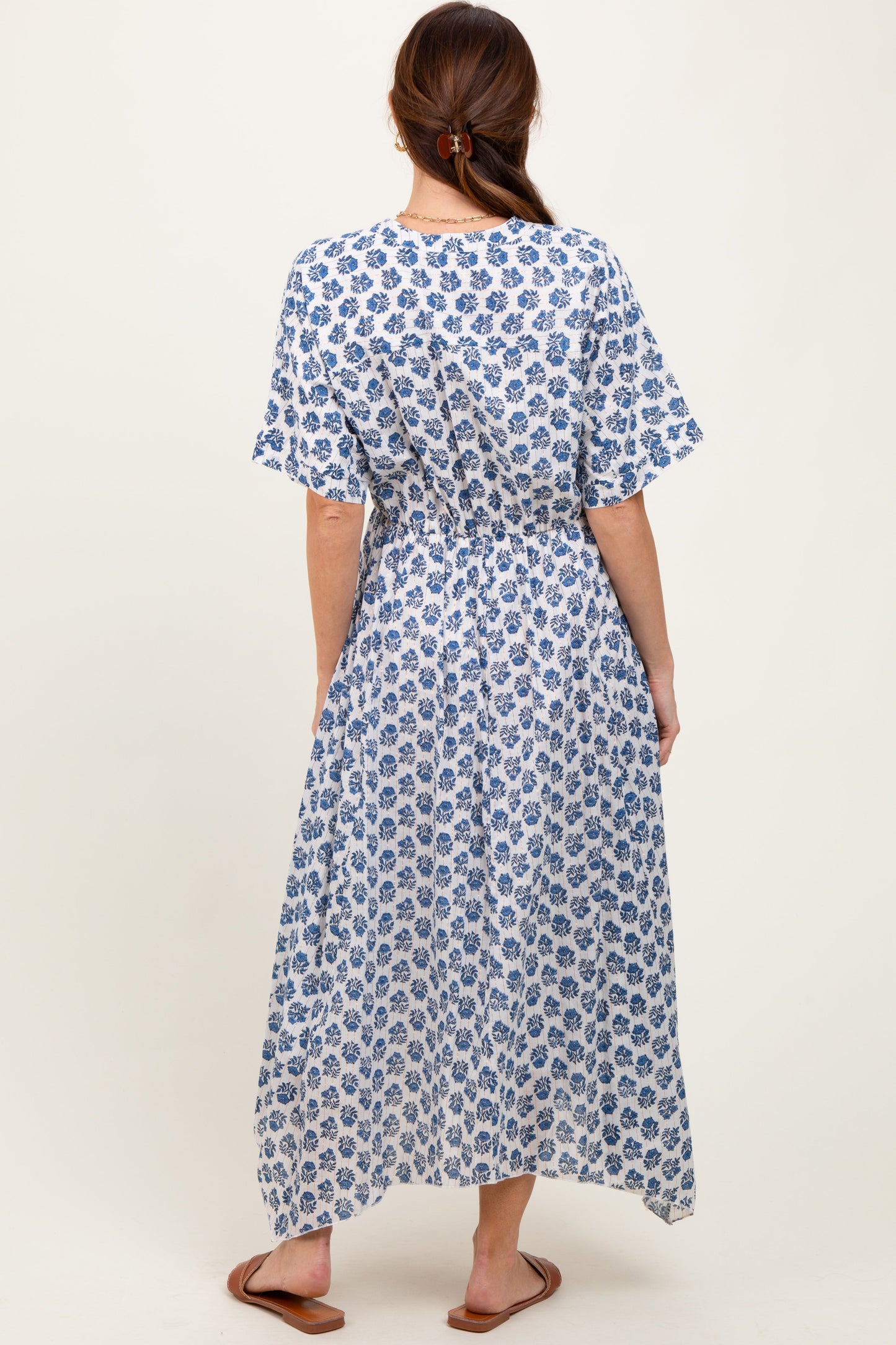 Navy Floral Deep V-Neck Handkerchief Hem Maxi Dress
