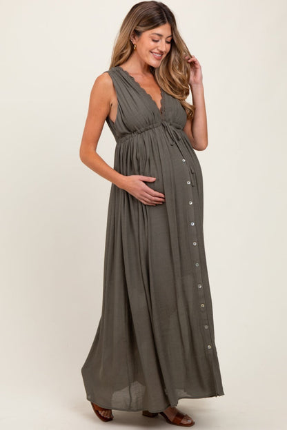 Olive Deep V-Neck Sleeveless Button Down Maternity Maxi Dress