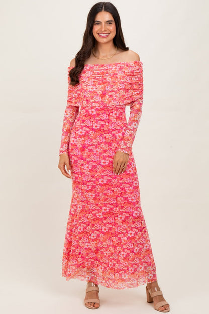 Pink Floral Mesh Off Shoulder Long Sleeve Maternity Maxi Dress