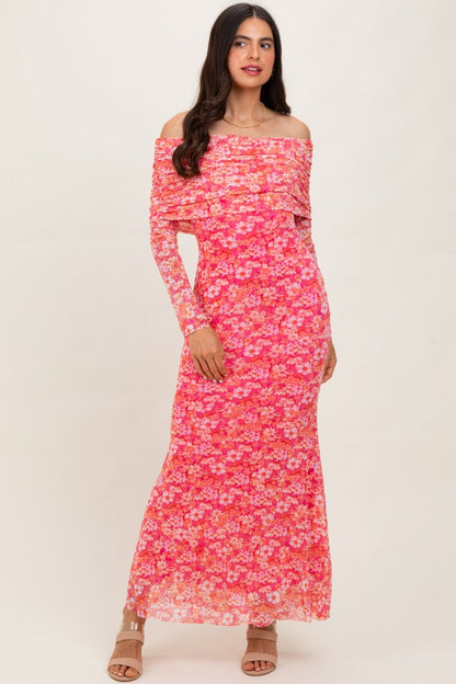 Pink Floral Mesh Off Shoulder Long Sleeve Maxi Dress