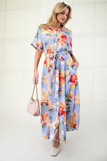 Periwinkle Floral Linen Blend Maternity Shirt Dress