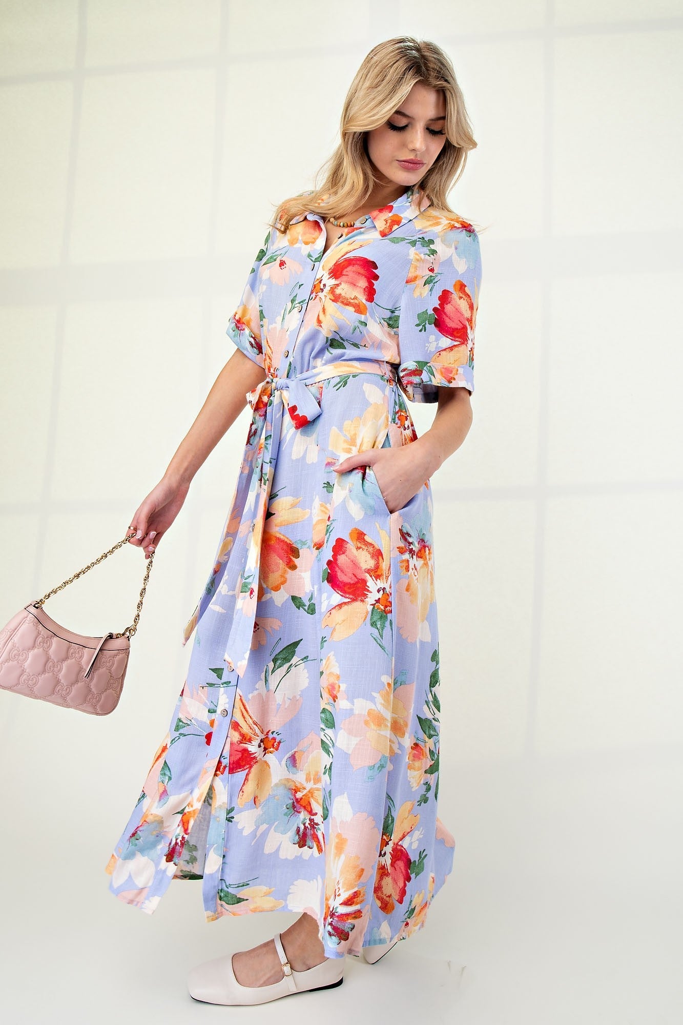 Periwinkle Floral Linen Blend Shirt Dress