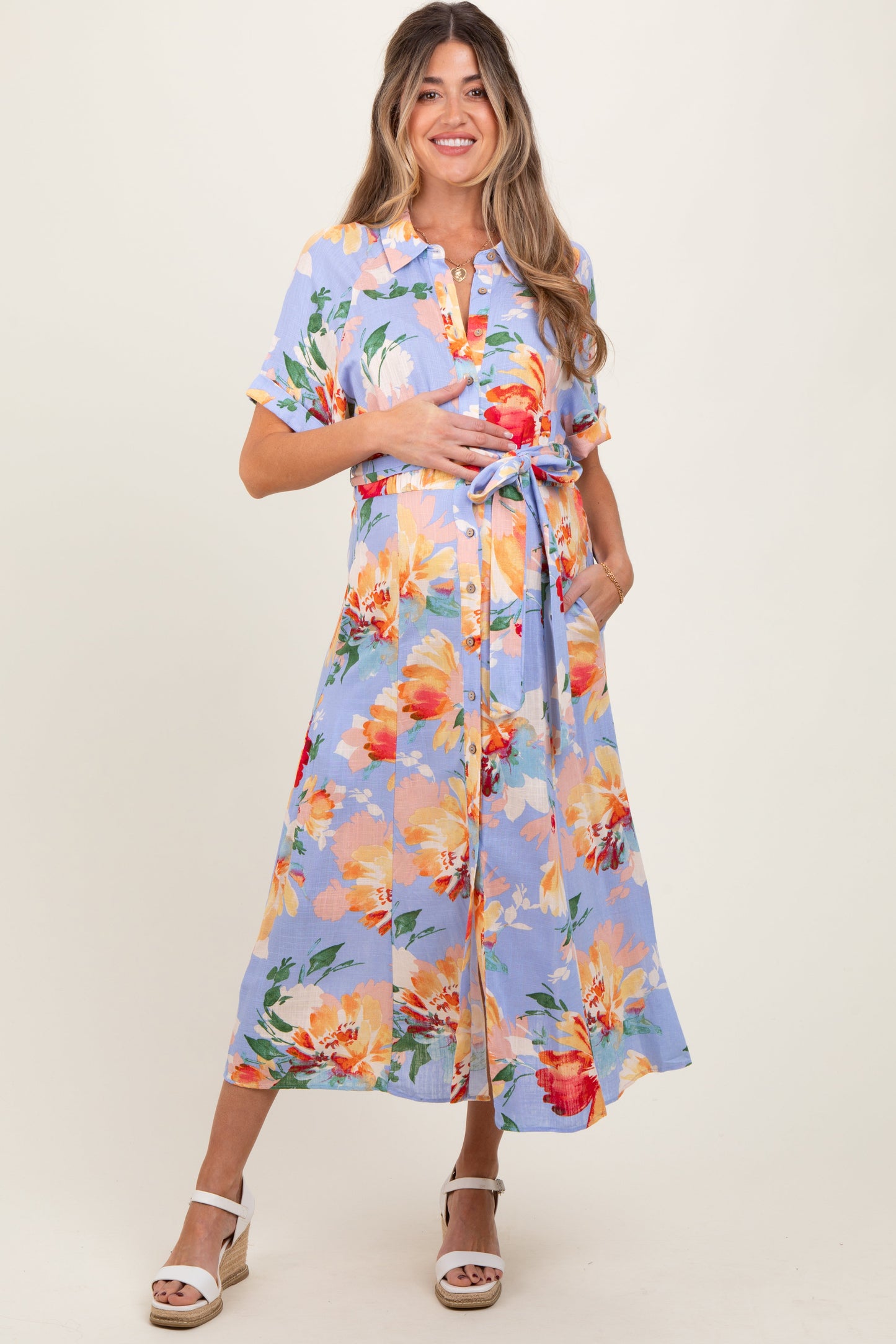 Periwinkle Floral Linen Blend Maternity Shirt Dress