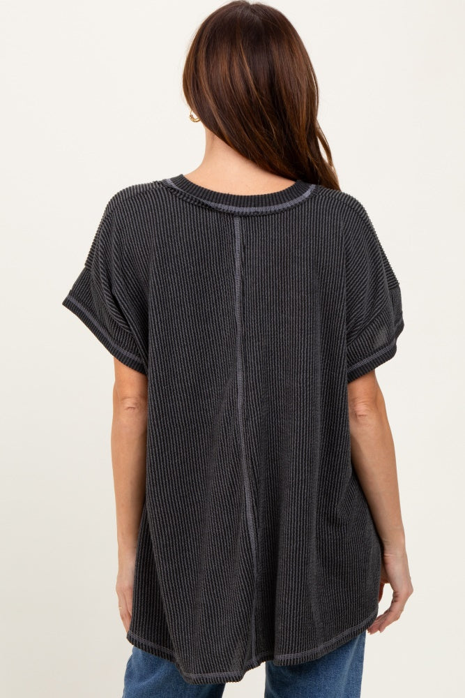 Charcoal Striped Ribbed V-Neck Oversized Short Sleeve Top