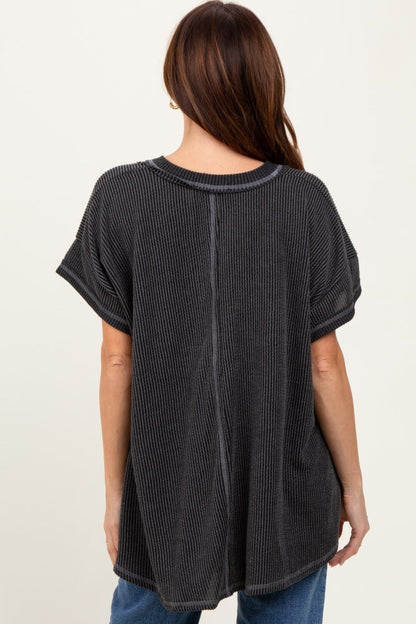 Charcoal Striped Ribbed V-Neck Oversized Short Sleeve Top