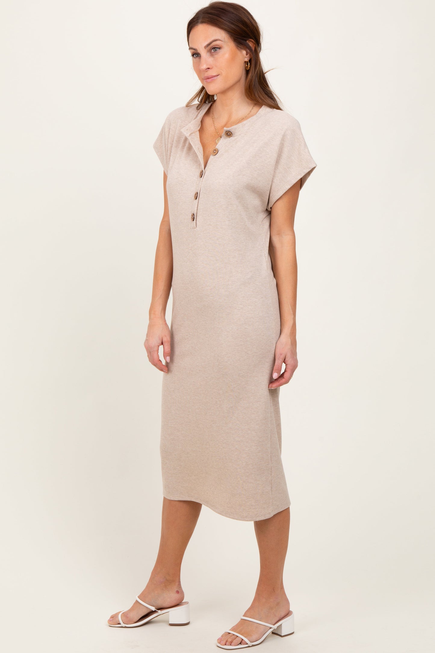 Beige Solid Ribbed Short Sleeve Button Down Knit Midi Dress