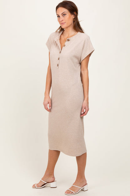 Beige Solid Ribbed Short Sleeve Button Down Knit Midi Dress
