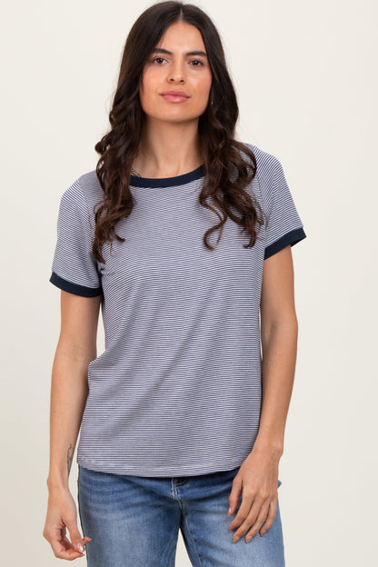 Navy Pinstripe Contrast Trim Tee