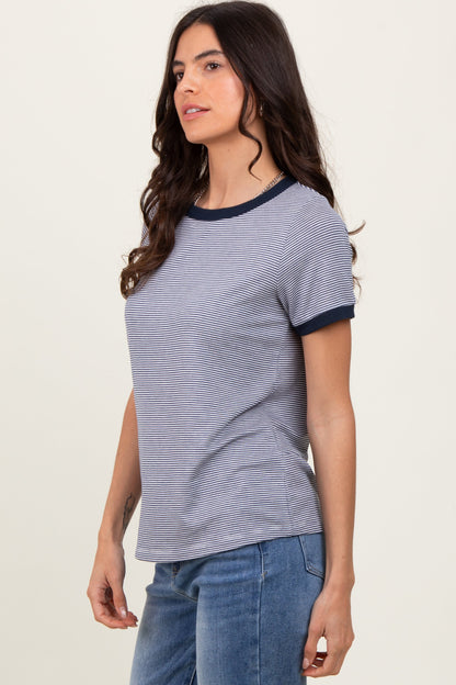 Navy Pinstripe Contrast Trim Tee