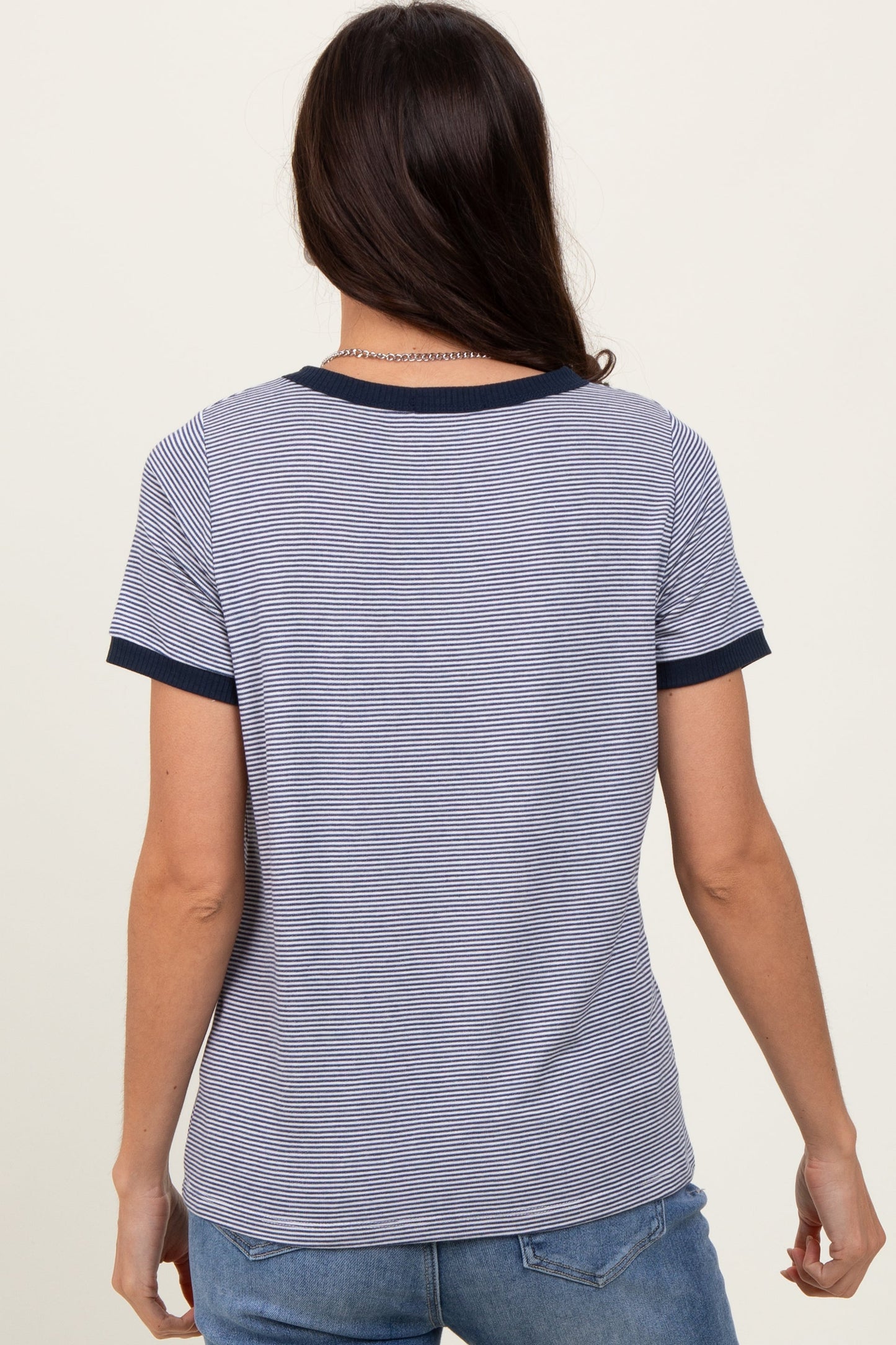 Navy Pinstripe Contrast Trim Tee