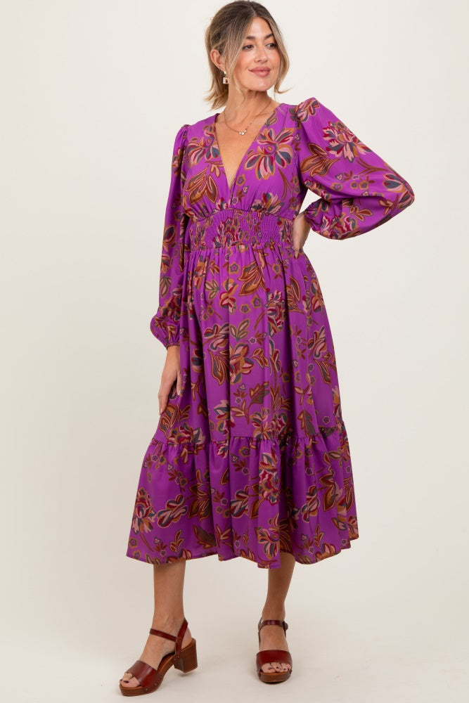 Plum Floral Smocked Waist Long Sleeve Maternity Midi Dress