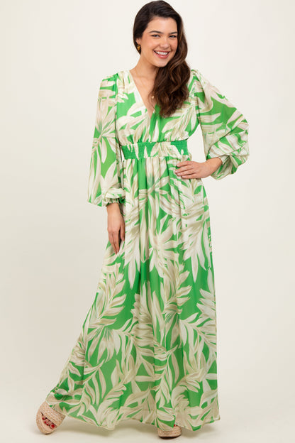 Lime Leaf Print Smocked Waist Long Sleeve Maternity Maxi Dress
