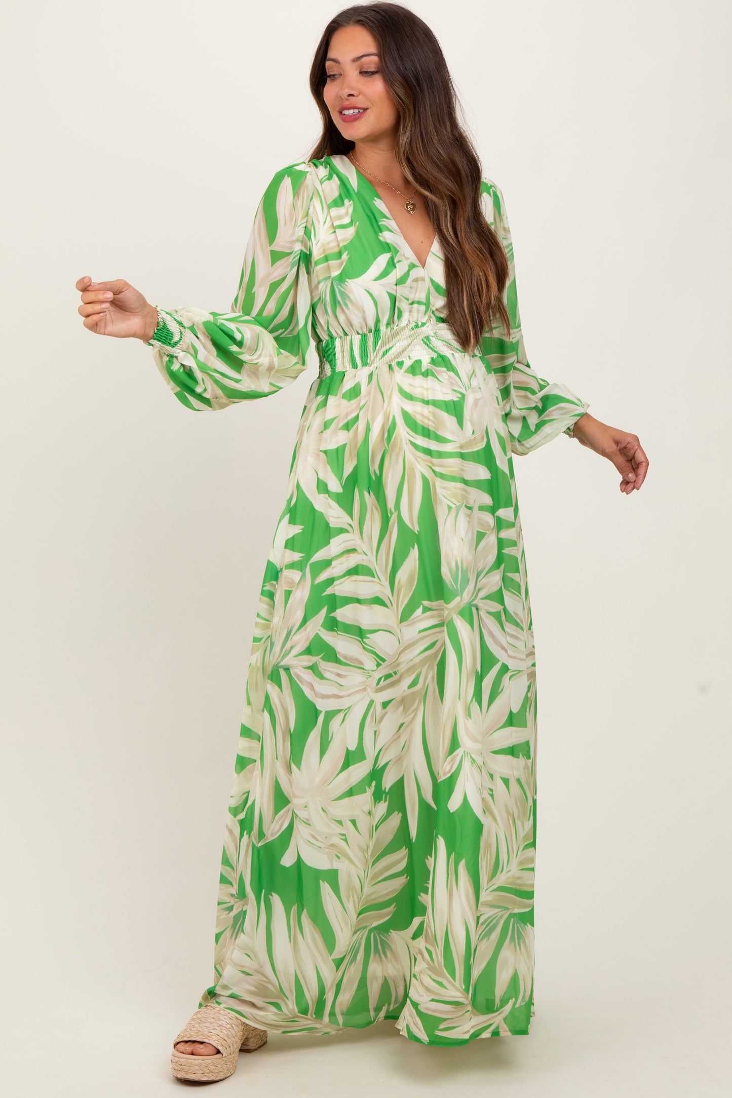 Lime Leaf Print Smocked Waist Long Sleeve Maternity Maxi Dress