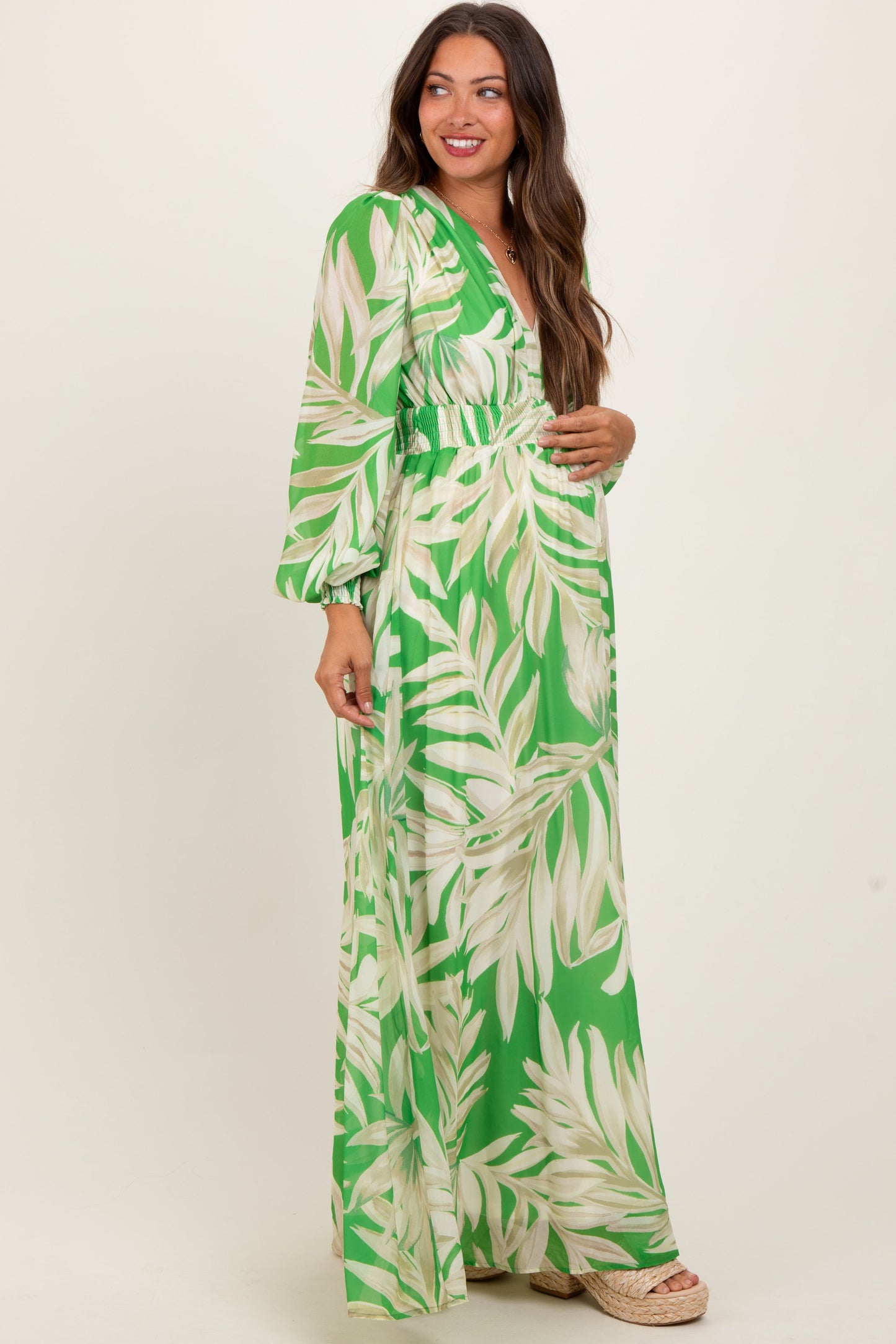 Lime Leaf Print Smocked Waist Long Sleeve Maternity Maxi Dress