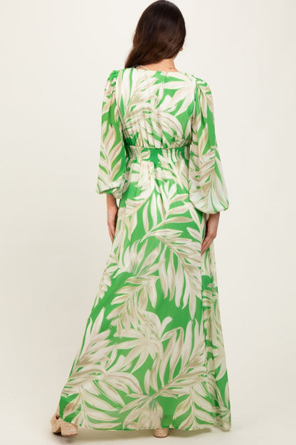 Lime Leaf Print Smocked Waist Long Sleeve Maxi Dress