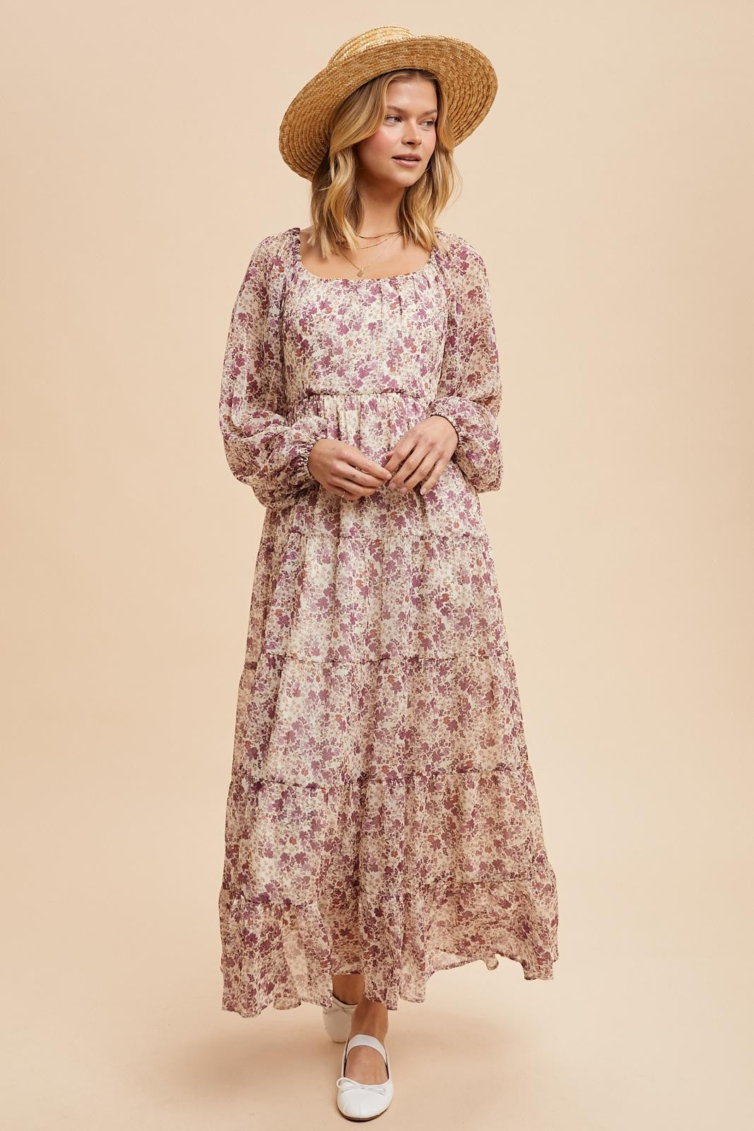 Mauve Floral Floral Chiffon Maxi Dress