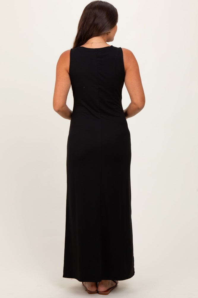 Black Sleeveless Flared Scoop Neck Maternity Maxi Dress