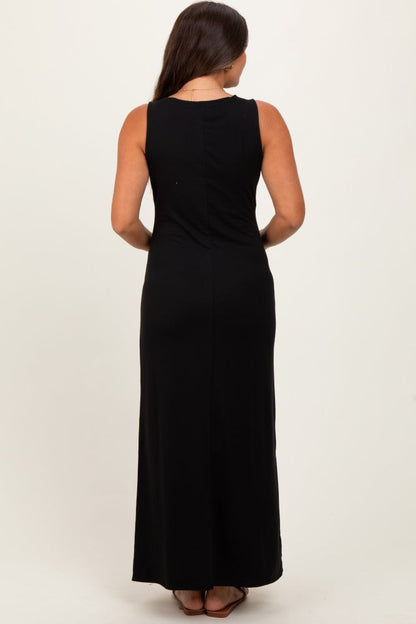 Black Sleeveless Flared Scoop Neck Maternity Maxi Dress