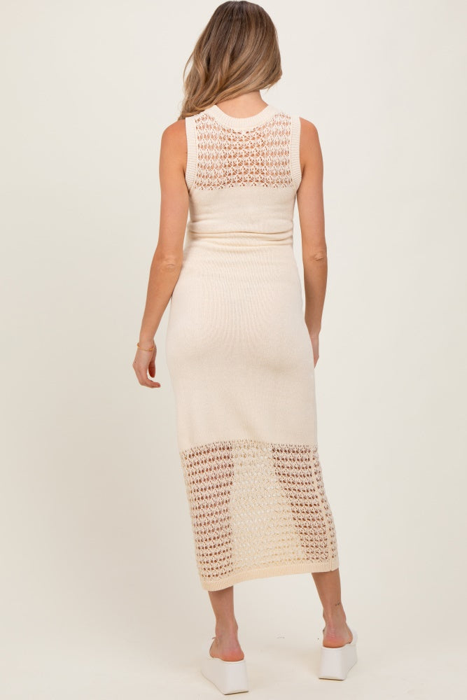 Cream Crochet Knit Sleeveless Maternity Maxi Dress