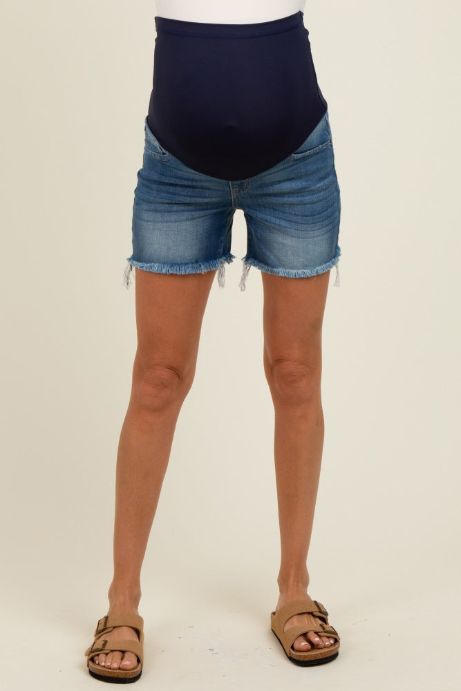Blue Raw Frayed Hem Maternity Denim Shorts