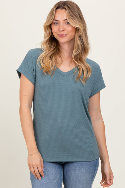 Blue V-Neck Pointelle Knit Top