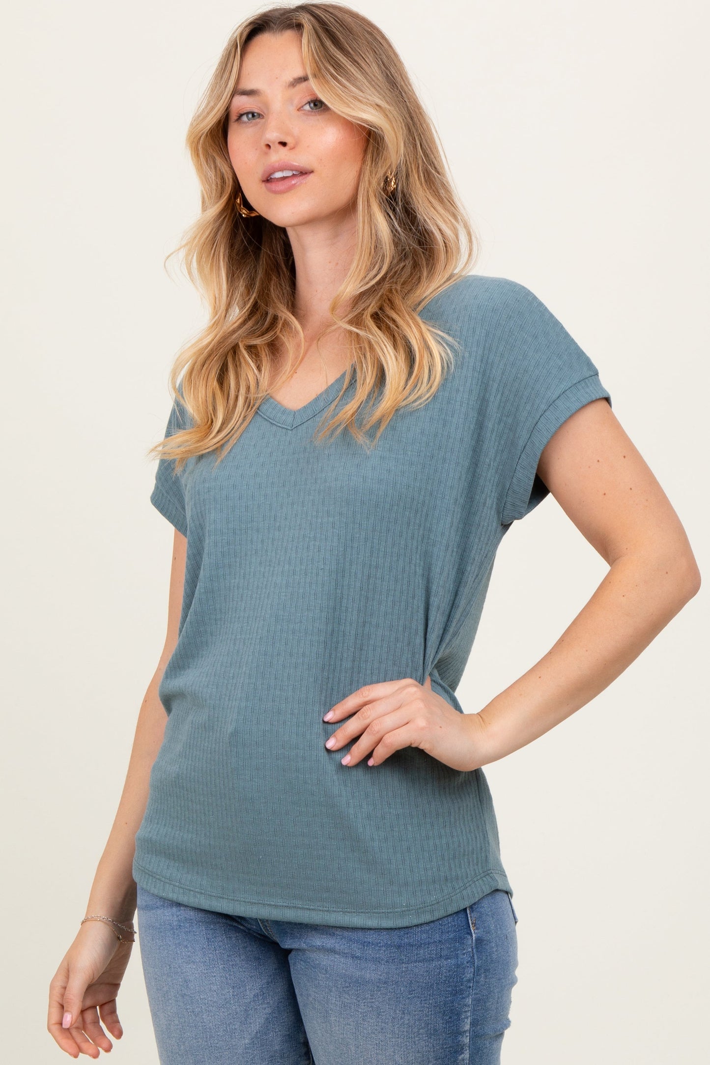 Blue V-Neck Pointelle Knit Top