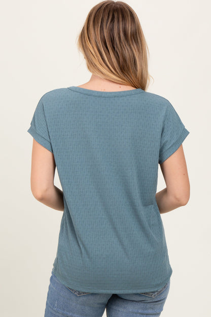 Blue V-Neck Pointelle Knit Top