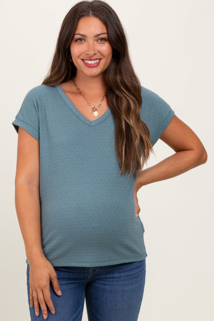 Blue V-Neck Pointelle Knit Maternity Top