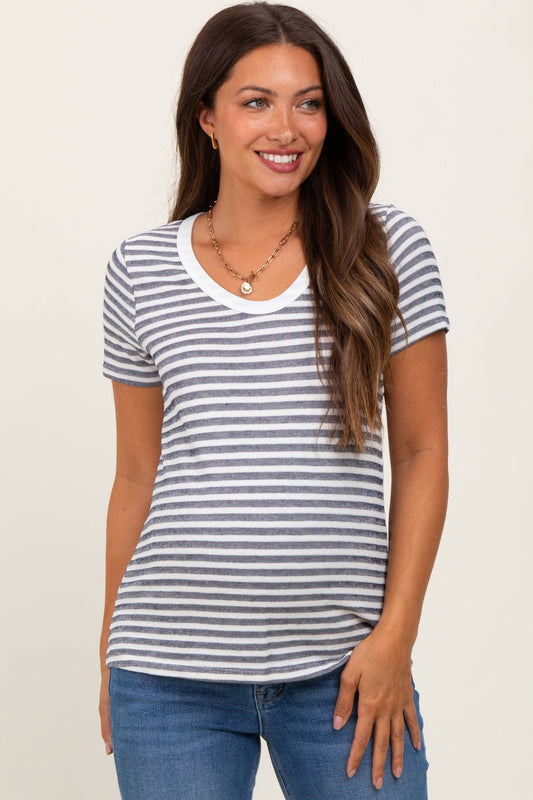 Navy Textured Stripe Short Sleeve Maternity Top