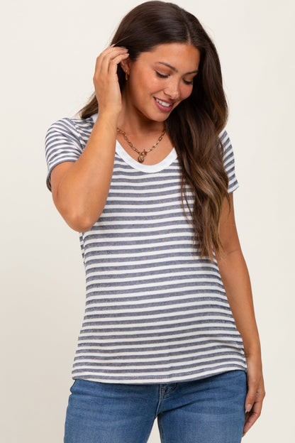 Navy Textured Stripe Short Sleeve Maternity Top