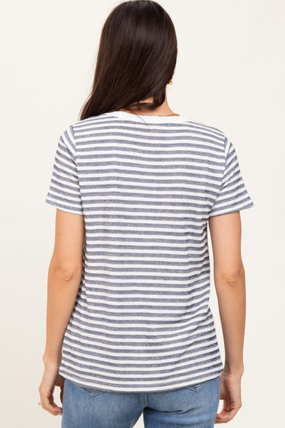 Navy Textured Stripe Short Sleeve Top