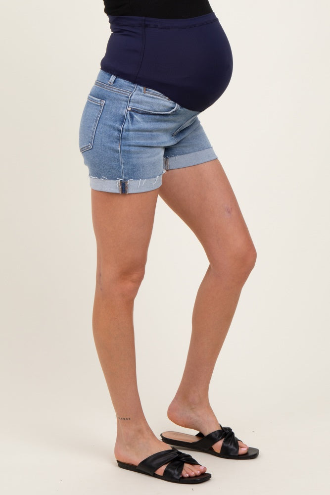 Blue Raw Hem Cuffed Maternity Jean Shorts