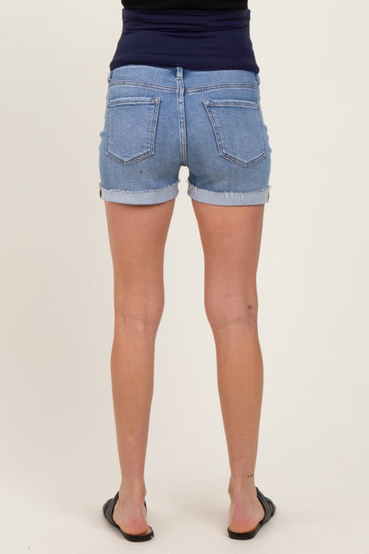 Blue Raw Hem Cuffed Maternity Jean Shorts