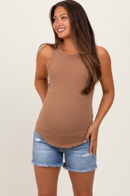 Blue Distressed Fringe Hem Maternity Denim Shorts