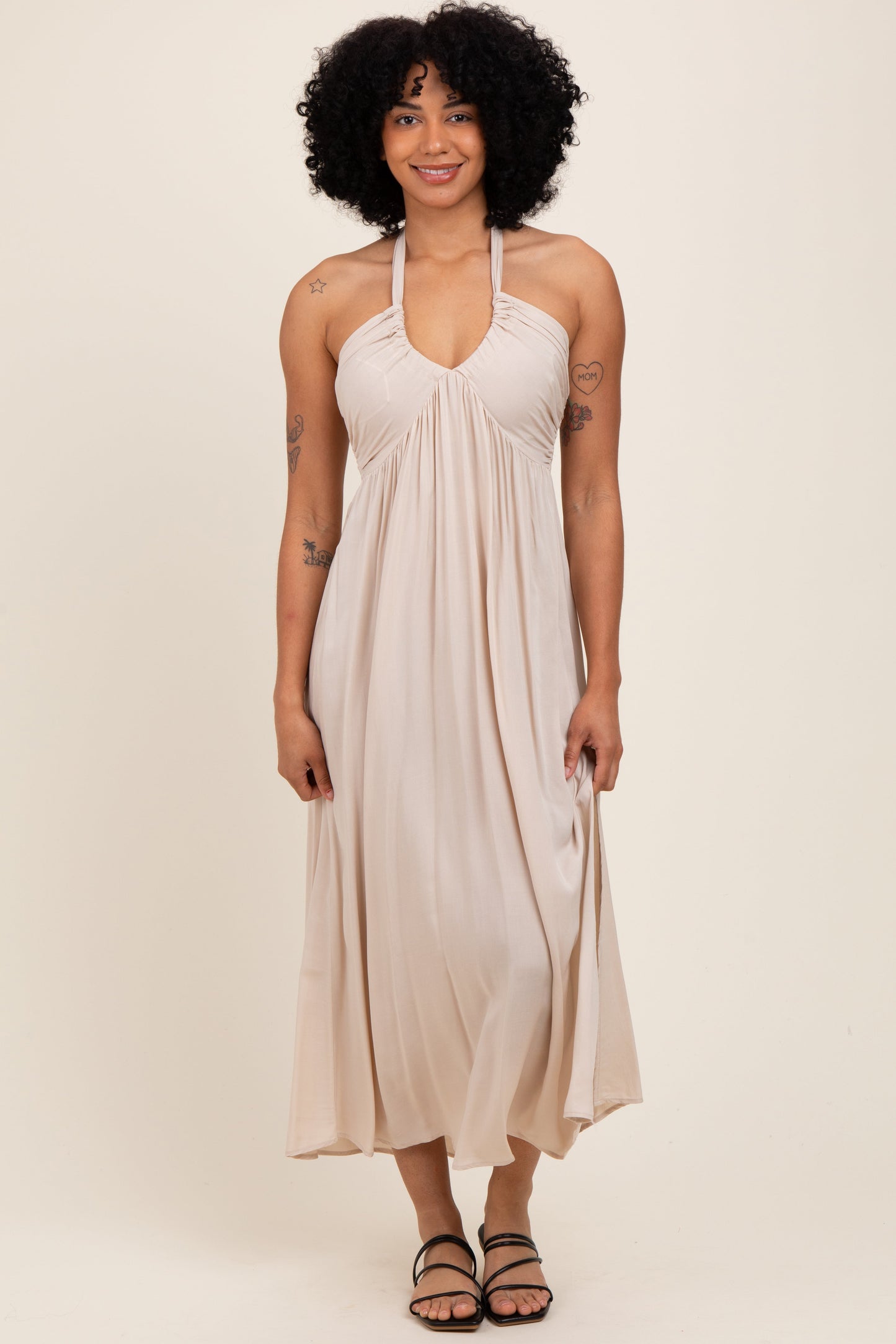 Cream Halter Neck Side Slit Midi Dress