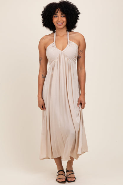 Cream Halter Neck Side Slit Midi Dress