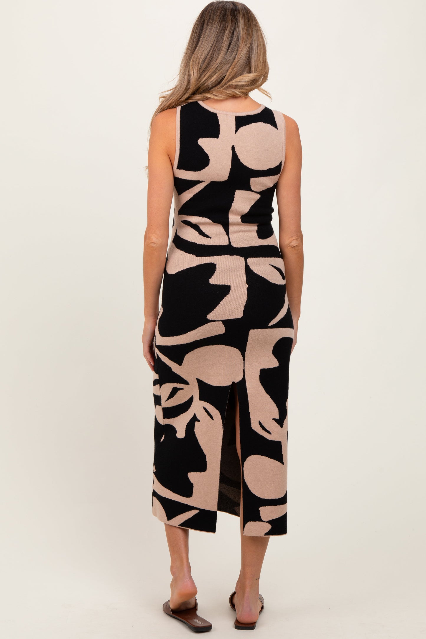 Black Abstract Print Knit Sleeveless Maternity Midi Dress