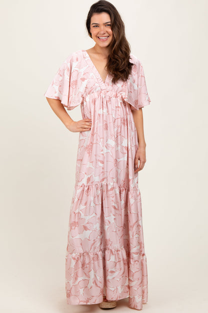 Pink Floral Short Sleeve Deep V-Neck Tiered Maternity Maxi Dress