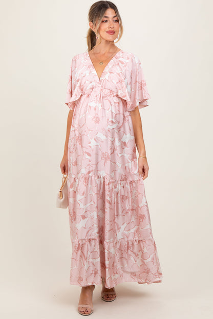 Pink Floral Short Sleeve Deep V-Neck Tiered Maternity Maxi Dress