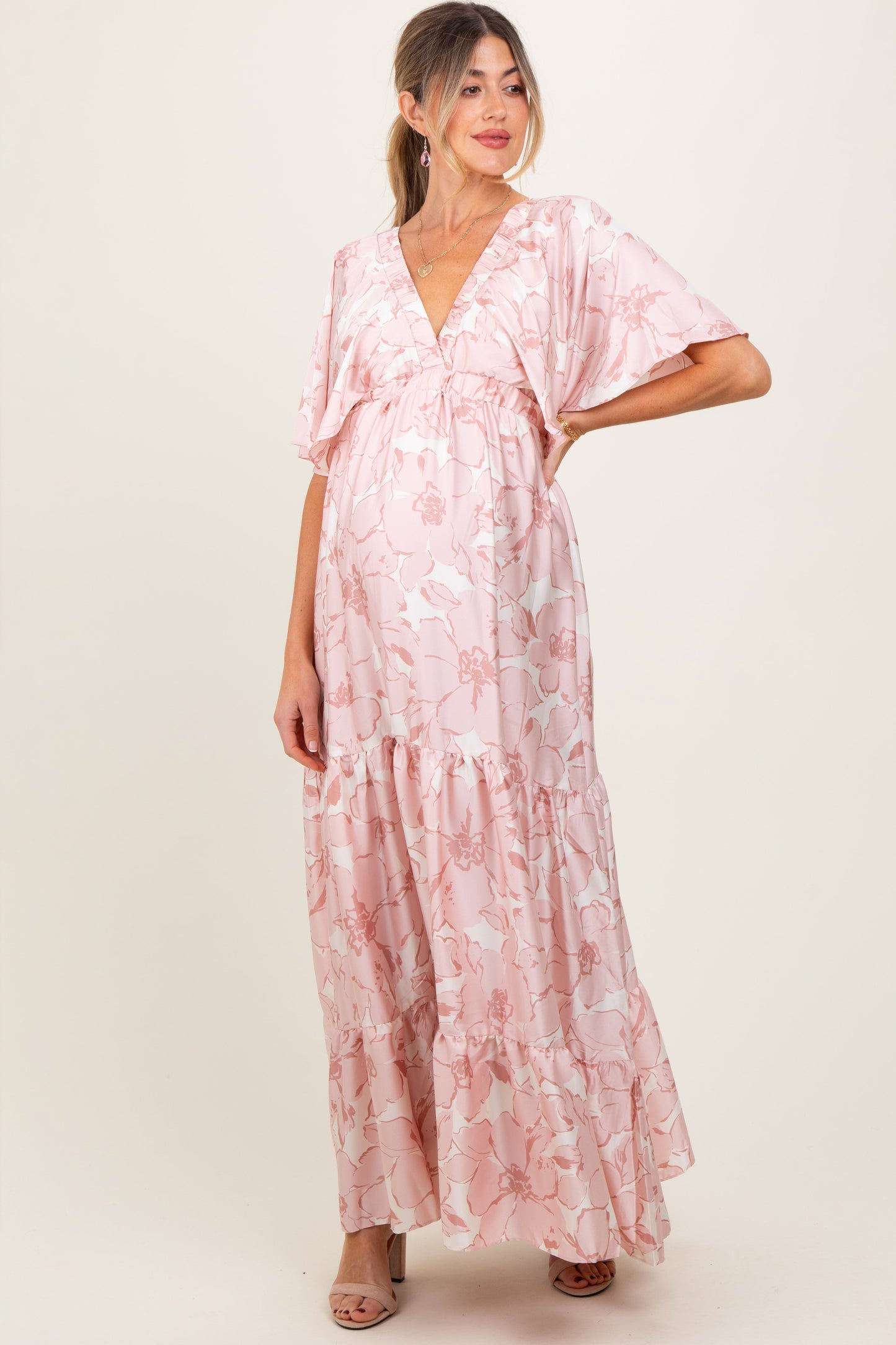 Pink Floral Short Sleeve Deep V-Neck Tiered Maternity Maxi Dress
