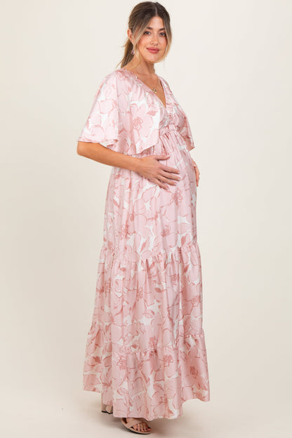 Pink Floral Short Sleeve Deep V-Neck Tiered Maternity Maxi Dress