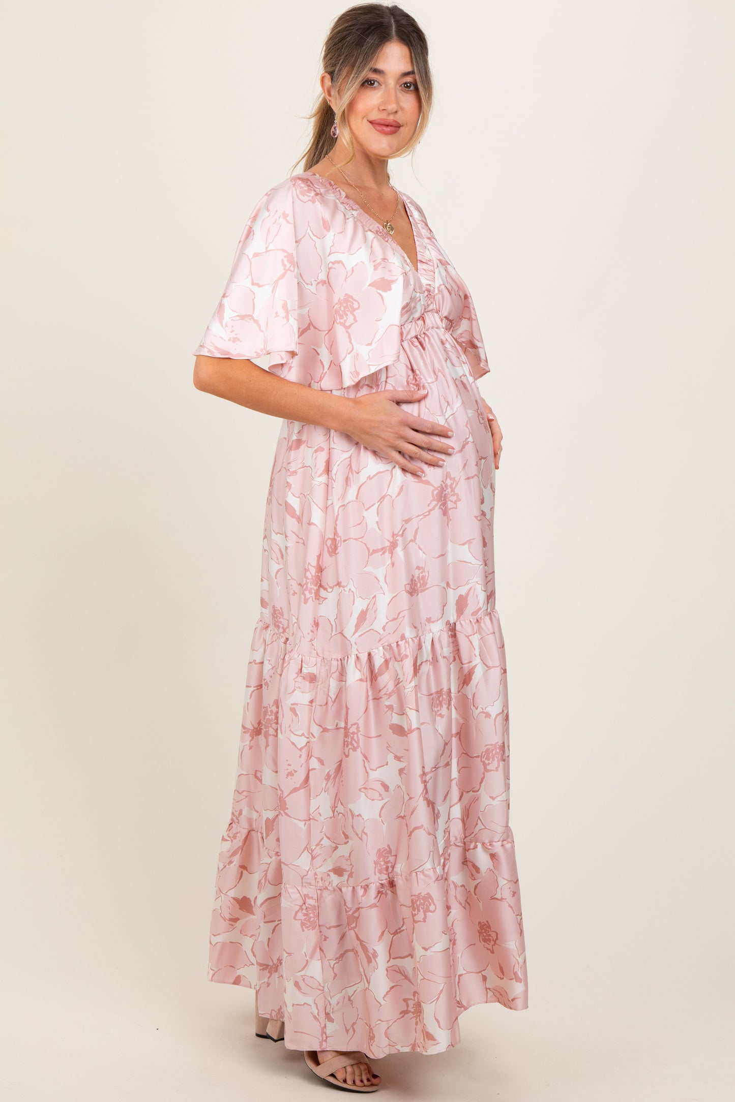 Pink Floral Short Sleeve Deep V-Neck Tiered Maternity Maxi Dress