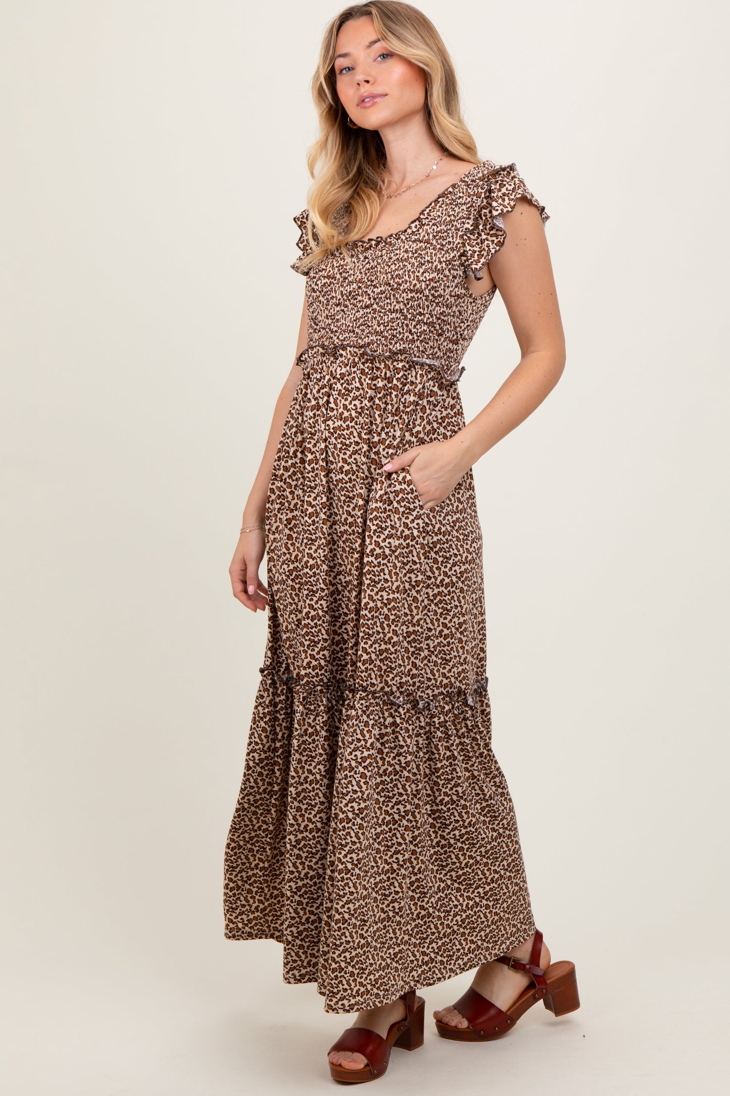 Mocha Leopard Print Ruffle Sleeve Tiered Maxi Dress
