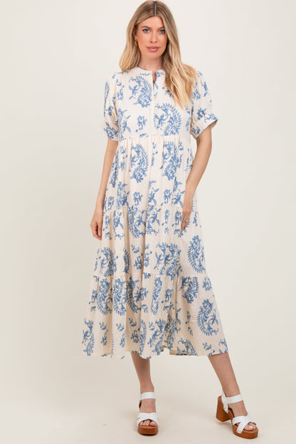 Blue Paisley Button Up Tiered Maternity Maxi Dress
