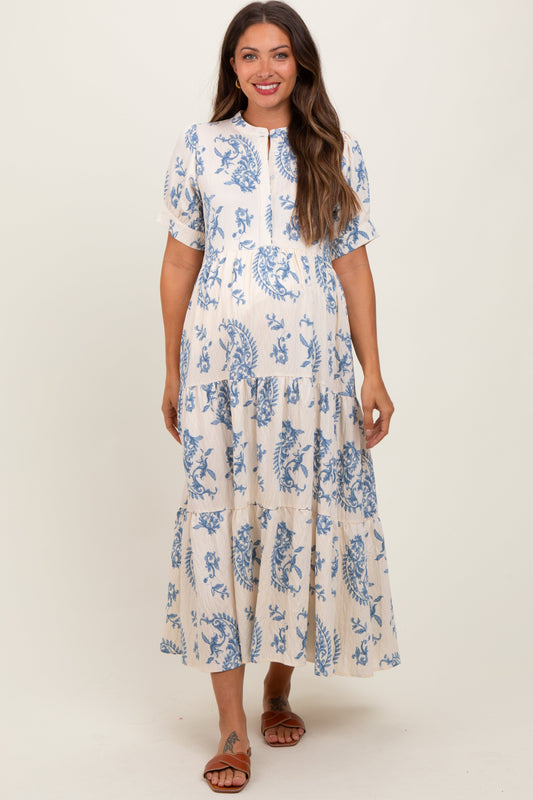 Blue Paisley Button Up Tiered Maternity Maxi Dress