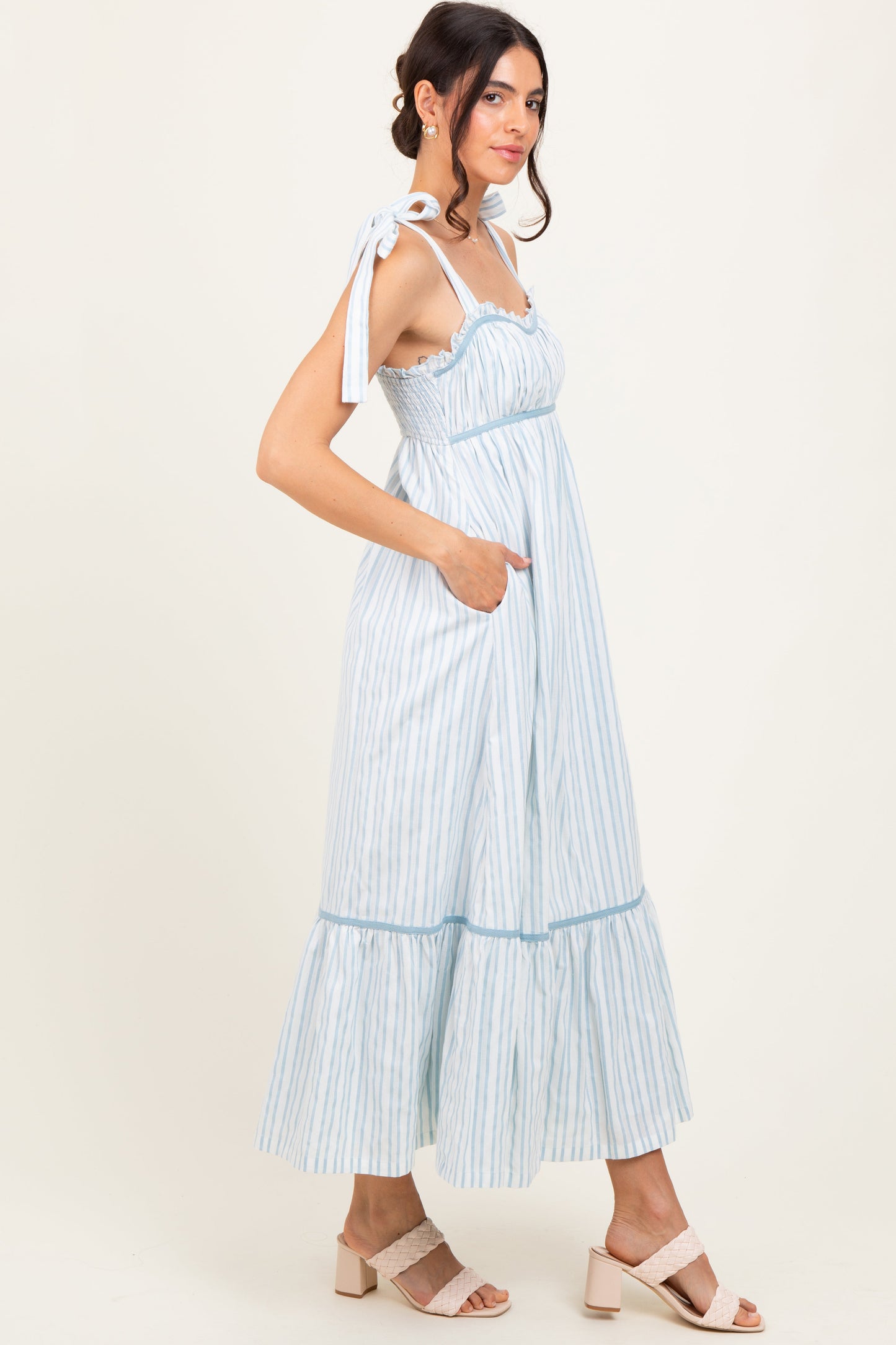 Ivory Striped Bow-Tie Maxi Dress