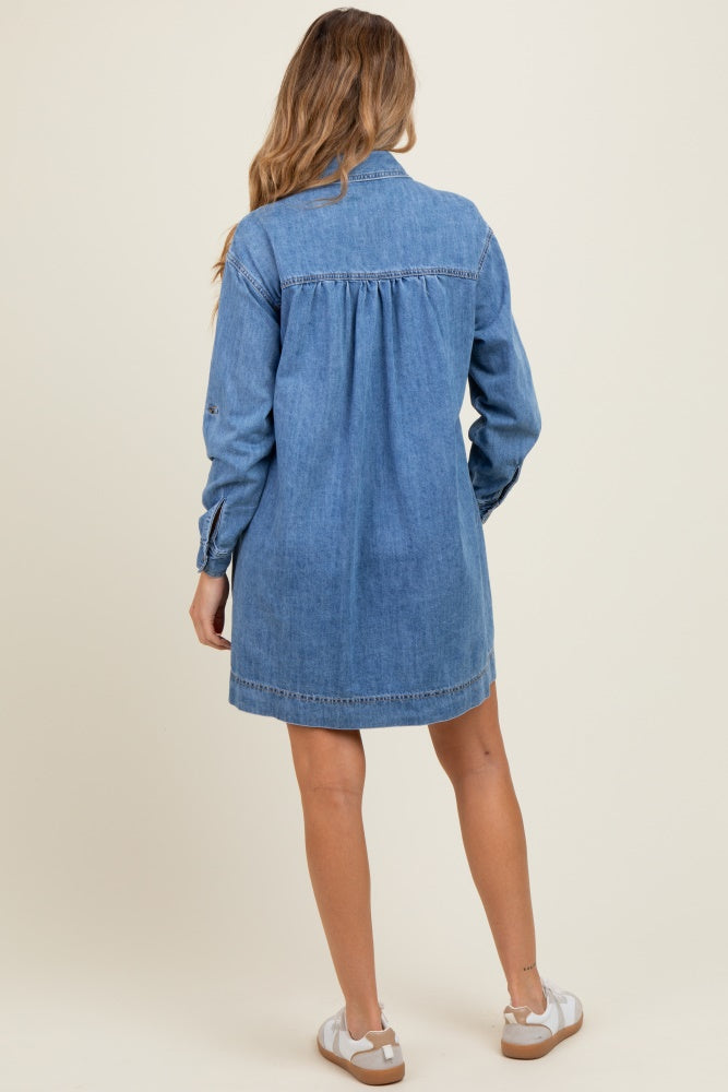 Blue Denim Heart-Pocket Maternity Shirt Dress