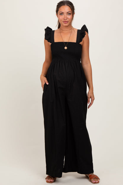 Black Ruffle Strap Smocked Wide Leg Maternity Jumpsuit