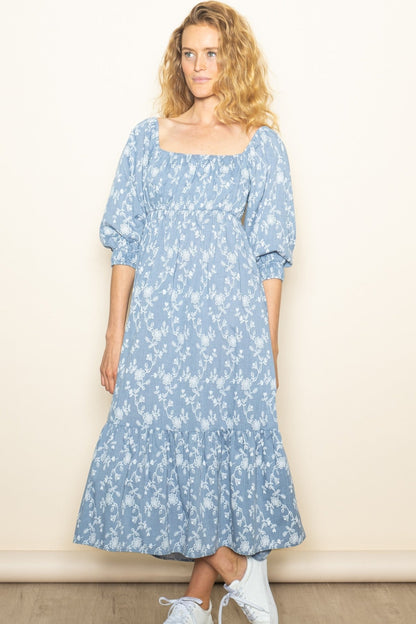 Blue Floral Back Cutout Ribbon Tie Maxi Dress