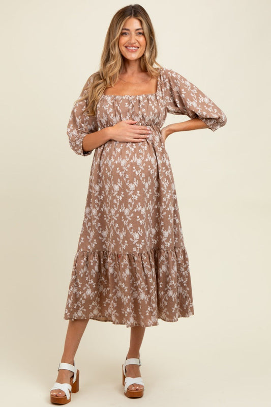 Light Taupe Floral Back Cutout Ribbon Tie Maternity Maxi Dress